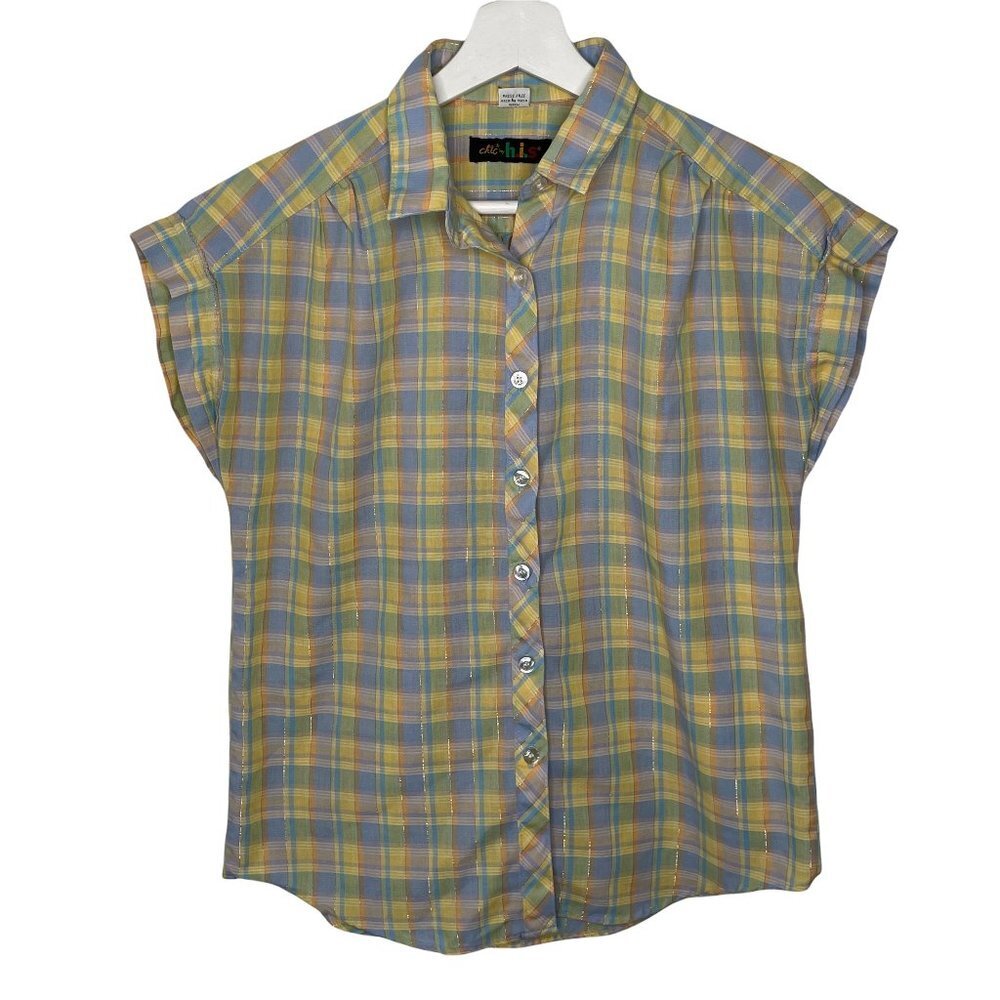 Vintage 80s Pastel Blue Yellow Plaid Button Down Blouse Shirt Chic H.I.S. Large